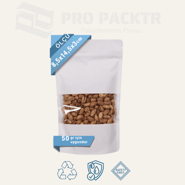 8.5x14.5x3cm Beyaz Kraft Pencereli Doypack