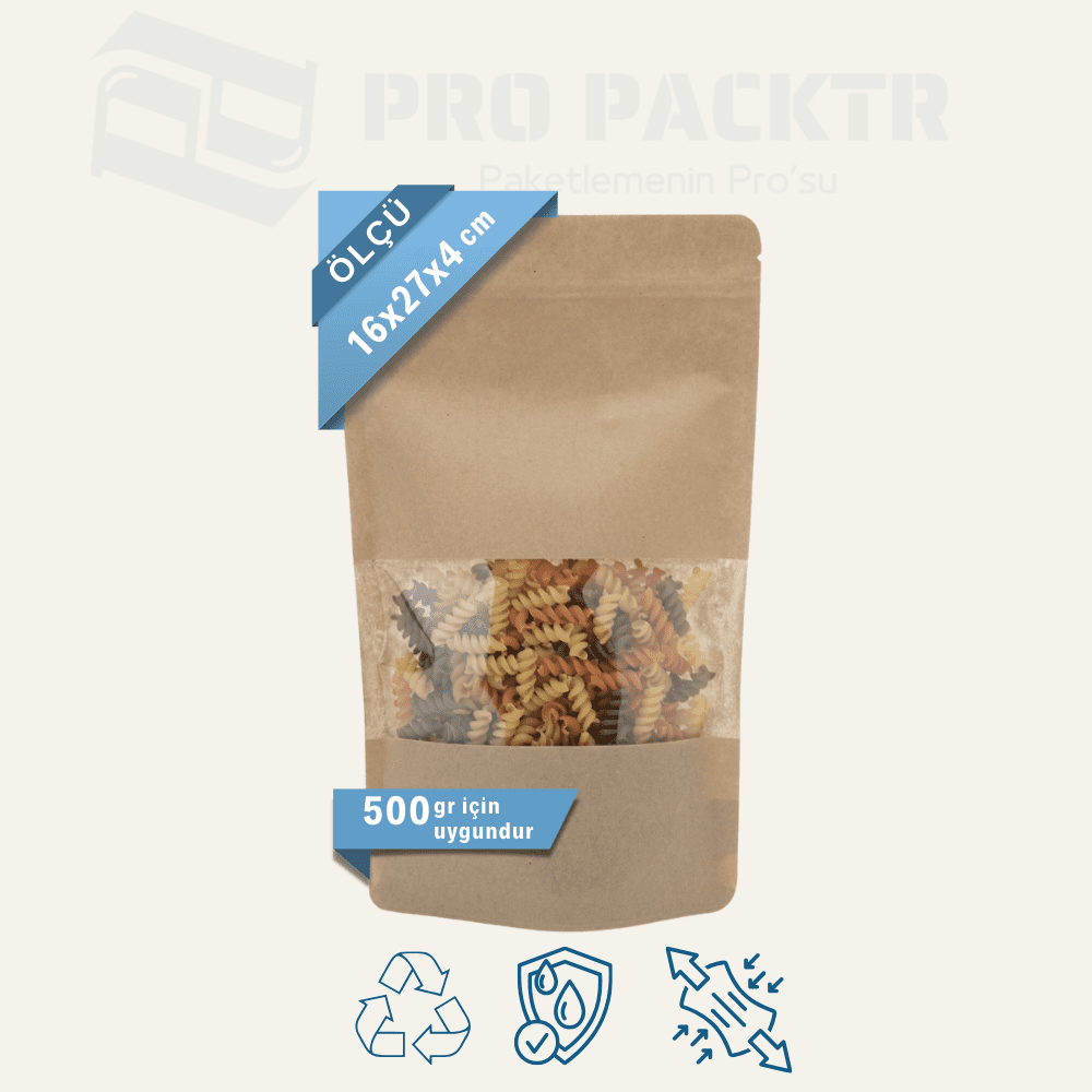 Doypack şablon (5) 16x27x4cm Kilitli Kraft Pencereli Doypack