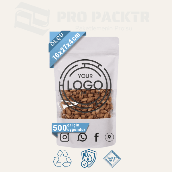 16x27x4cm Baskılı Beyaz Kraft Pencereli Doypack