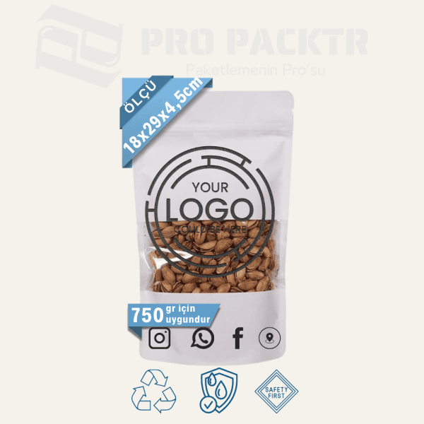 18x29x4.5cm Baskılı Beyaz Kraft Pencereli Doypack