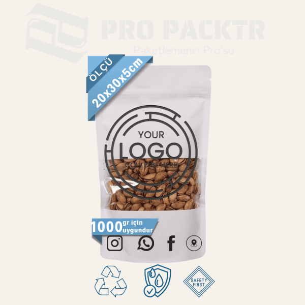 20x30x5cm Baskılı Beyaz Kraft Pencereli Doypack