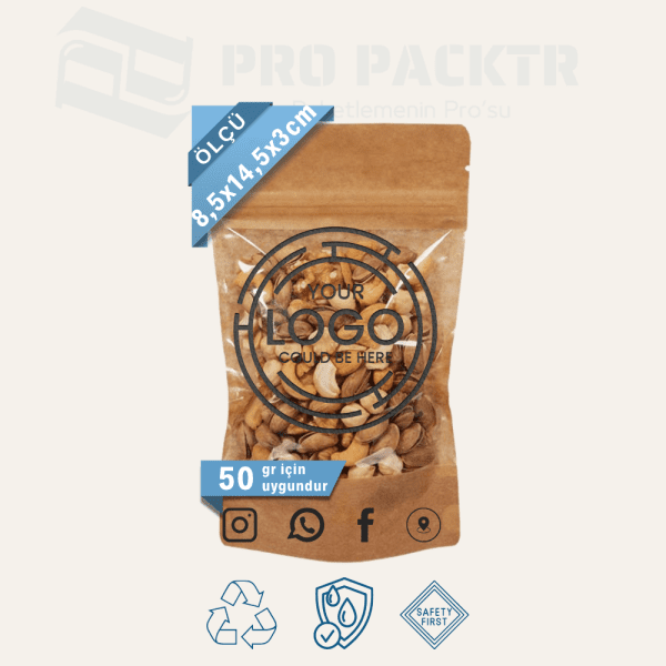 8.5x14.5x3cm Baskılı Geniş Pencereli Kraft Doypack