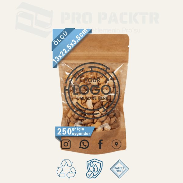 13x22.5x3.5cm Baskılı Geniş Pencereli Kraft Doypack