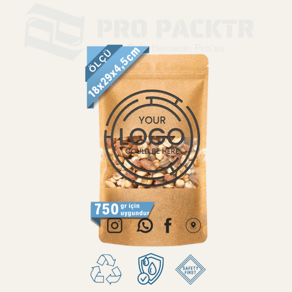 18x29x4.5cm Baskılı Kraft Pencereli Doypack