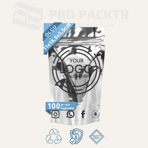 11x18.5x3.5cm Baskılı Parlak Alüminyum Doypack