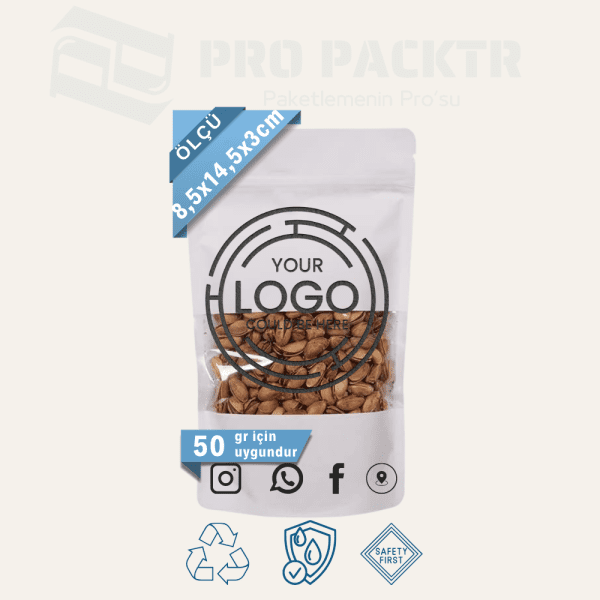8.5x14.5x3cm Baskılı Beyaz Kraft Pencereli Doypack